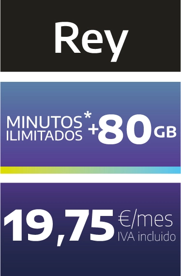 Esta imagen hace referencia a las tarifas de operadores virtuales en telefonía de cobertura Movistar que ofrece Fibratown - Tarifas Ion Mobile - Tarifa Rey: Minutos Ilimitados + 80gb por 19,75€/mes IVA Incluido