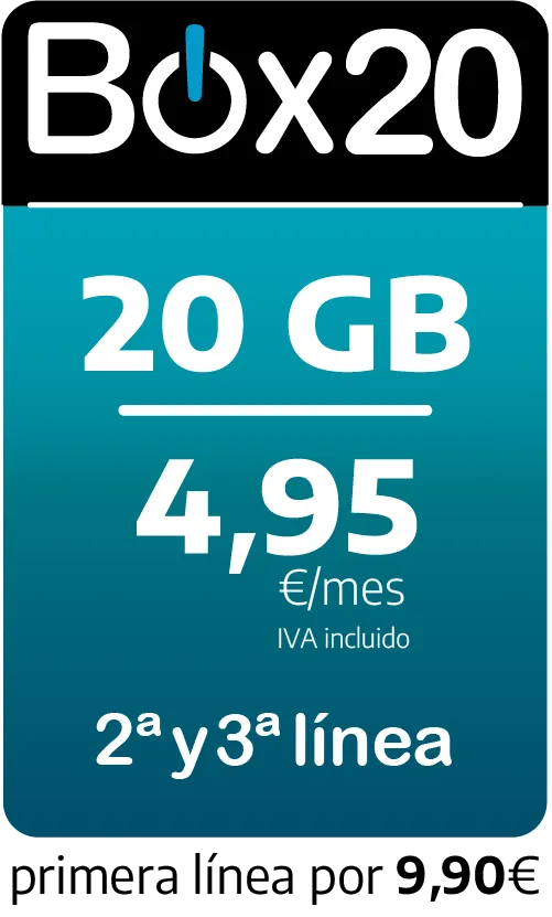 Fibratown - Tarifas Onmovil - Box 20 - 20GB + 100sms + minutos ilimitados, Segunda y tercera línea por 4,95€/mes IVA Incluido - Primera línea por 9,90€ - Tarifas Familiares