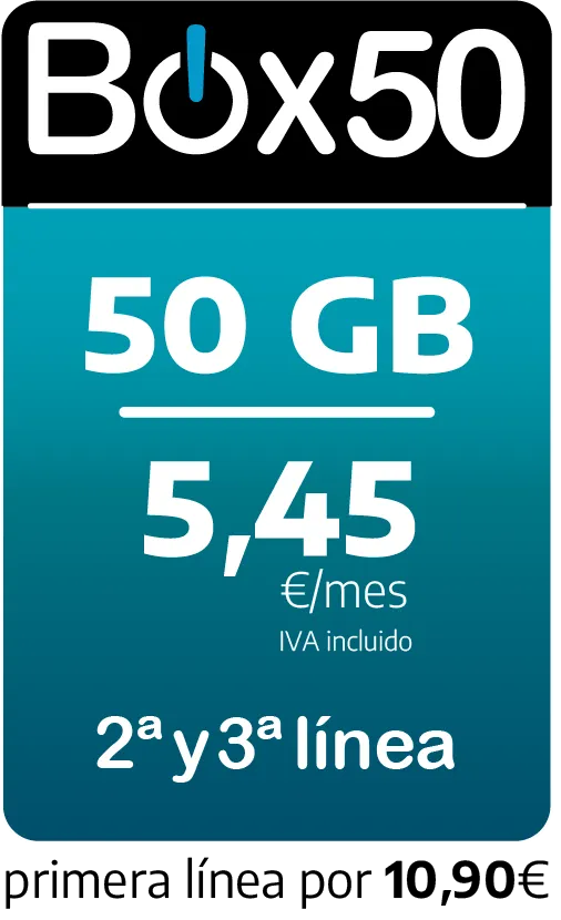 Fibratown - Tarifas Onmovil - Box 50 - 50GB + 100sms + minutos ilimitados, Segunda y tercera línea por 5,45€/mes IVA Incluido - Primera línea por 10,90€ - Tarifas Familiares