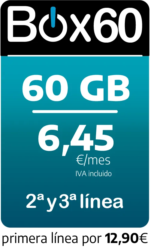 Fibratown - Tarifas Onmovil - Box 60 - 60GB + 100sms + minutos ilimitados, Segunda y tercera línea por 6,45€/mes IVA Incluido - Primera línea por 12,90€ - Tarifas Familiares