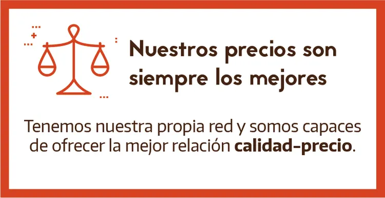 Rectángulo explicativo con gráfico y texto: Nuestro precios son siempre los mejores. Tenemos nuestra propia red y somos capaces de ofrecer la mejor relación calidad-precio