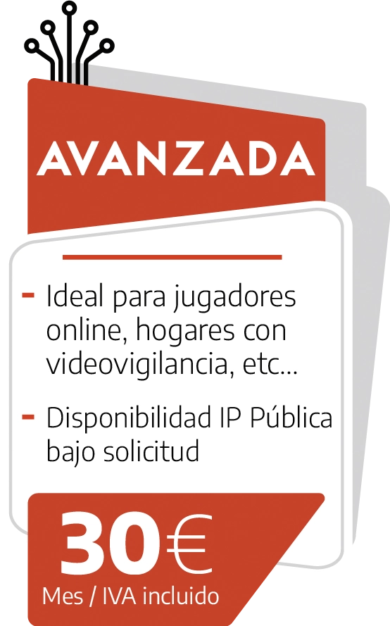 Fibratown - Tarifas Fibra Óptica - Avanzada: Ideal para jugadores online, hogares con videovigilancia,etc... Disponibilidad de IP Pública bajo solicitud por 30€/Mes IVA Incluido