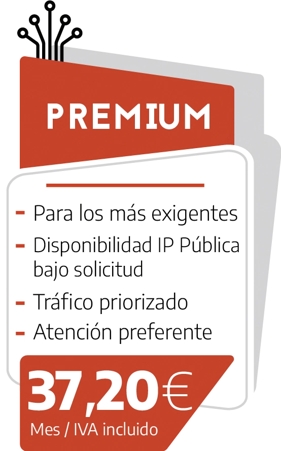 Fibratown - Tarifas Fibra Óptica - Premium: Tarifa recomendada para cualquier con disponibilidad de IP Pública bajo solicitud, tráfico priorizado y atención preferente por 37,20€/Mes IVA Incluido