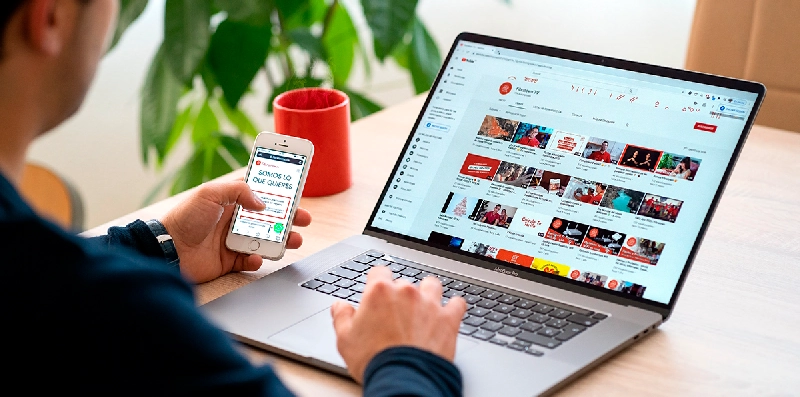 imagen de cliente navegando en la web de Fibratown a través de su dispositivo móvil y en el canal de youtube de fibratown a través de su ordenador portatil