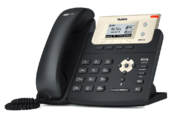 Imagen de un teléfono fijo marca Yealink que acompaña el apartado de telefonia fija opcional